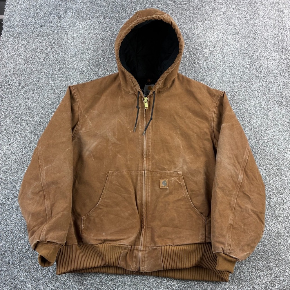Vintage Carhartt Active Jacket Mens XL Brown Faded‎ Canvas Hooded J130 BRN